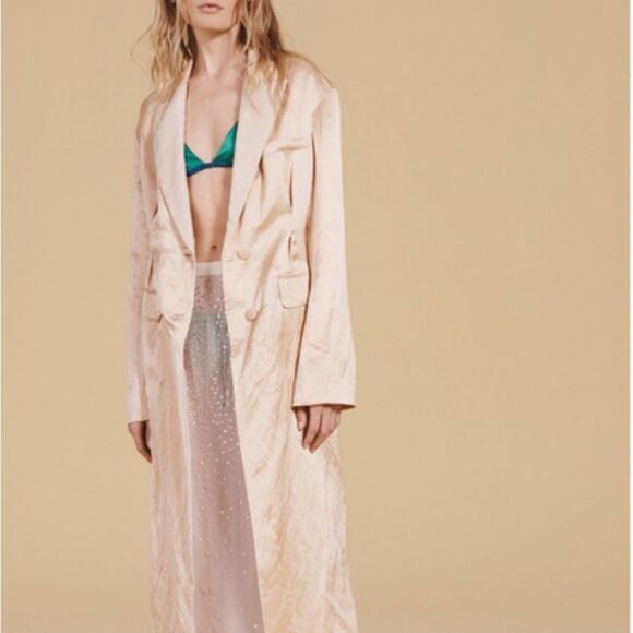 Zara Long Cream Coat Linen Blend Coat with Topstitching, - Picture 5 of 8